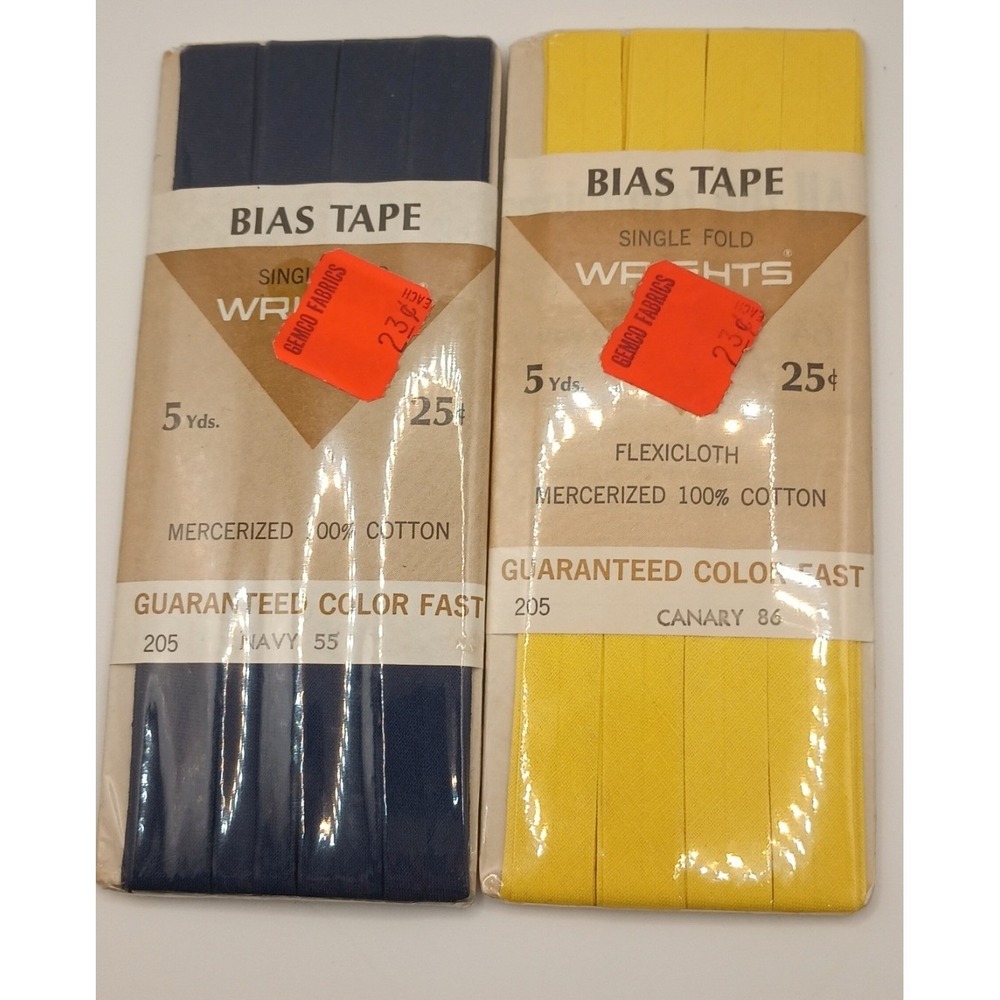 Vintage‎ Wrights Bias Tape Single Fold 100% Cotton Navy Canary Yellow 10 Yards